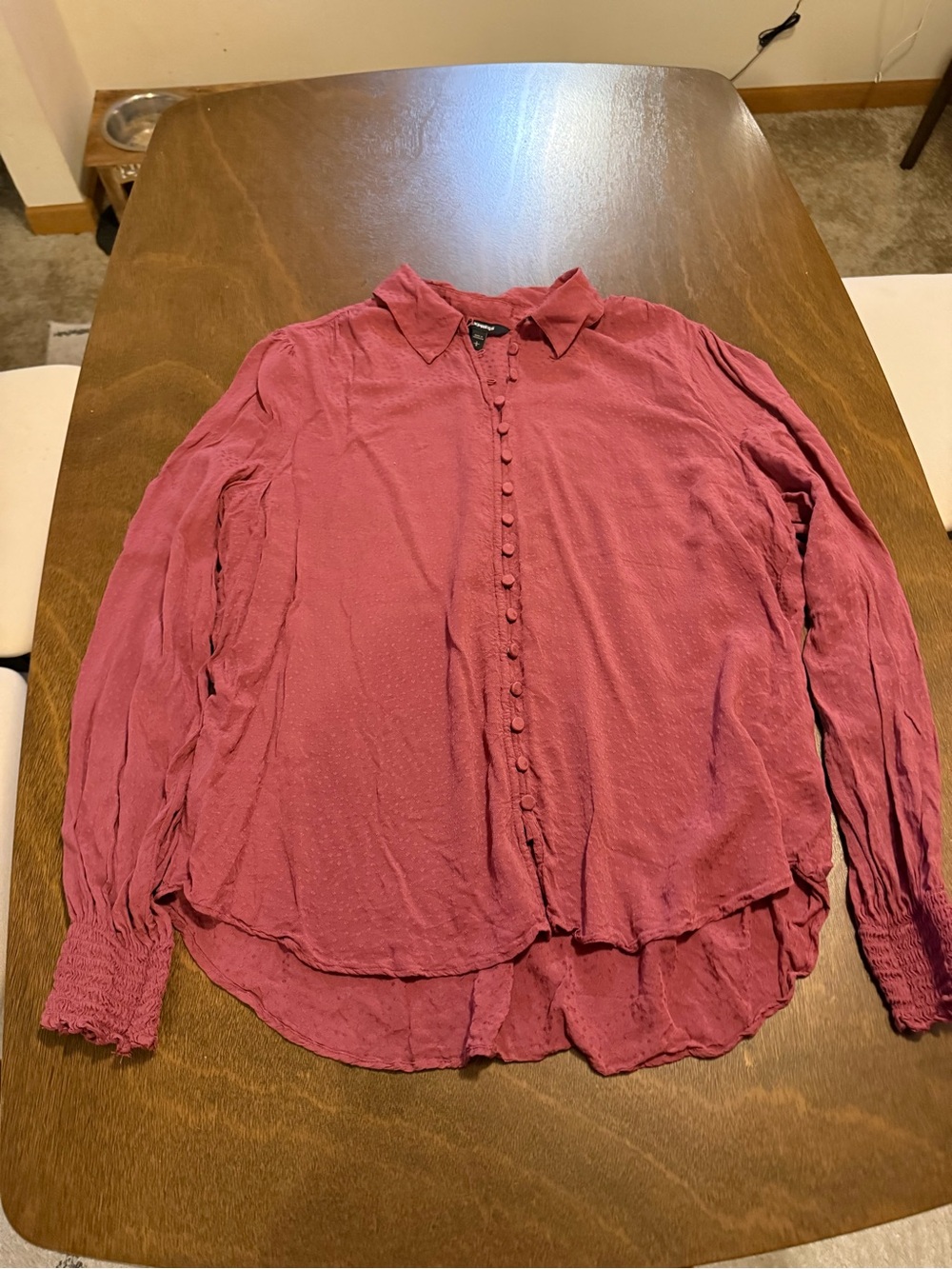 Express Button-Front Long Sleeve Textured Blouse in Dusty Rose